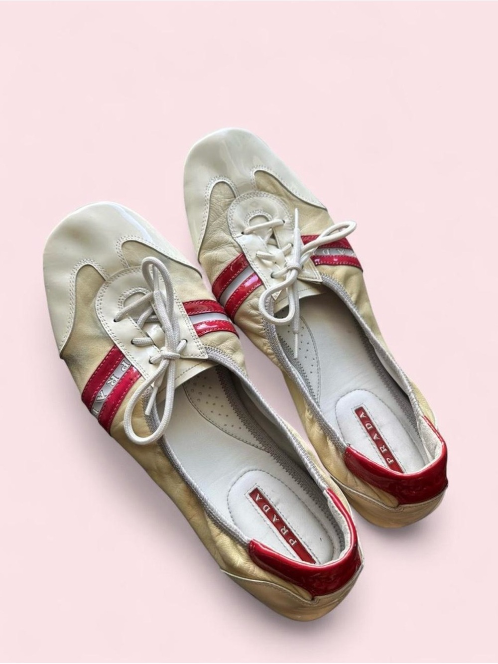 Vintage White and Red Prada Sport Tie Up Flats